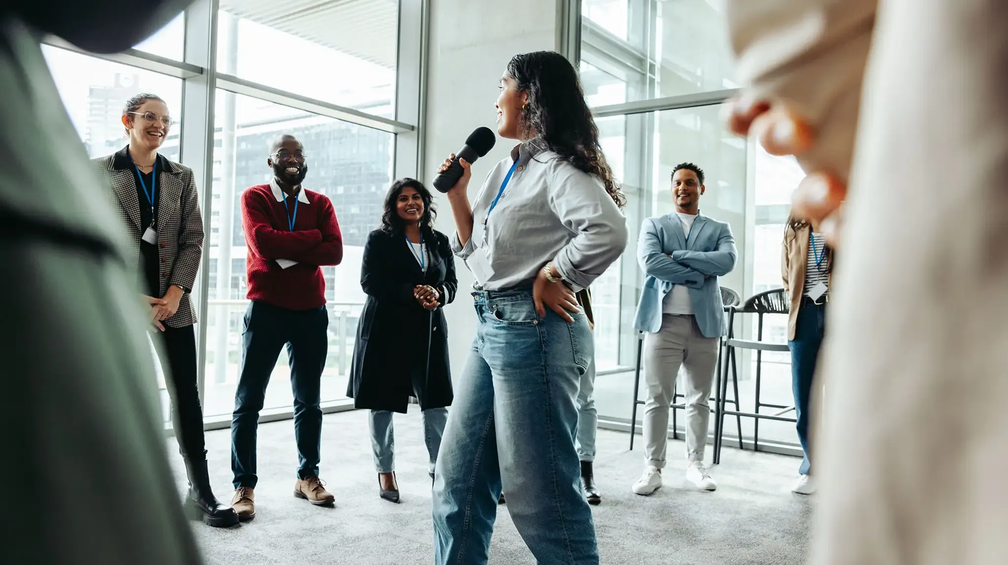 Business workshop with a diverse group of professionals engaged in team-building