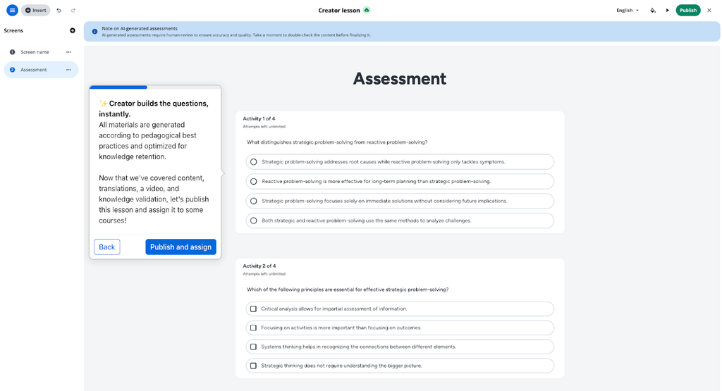questions generation out of the course Docebo Creator platform