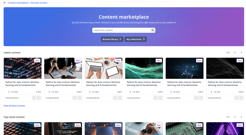 image of UI of Docebo's Content Marketplace platform module.