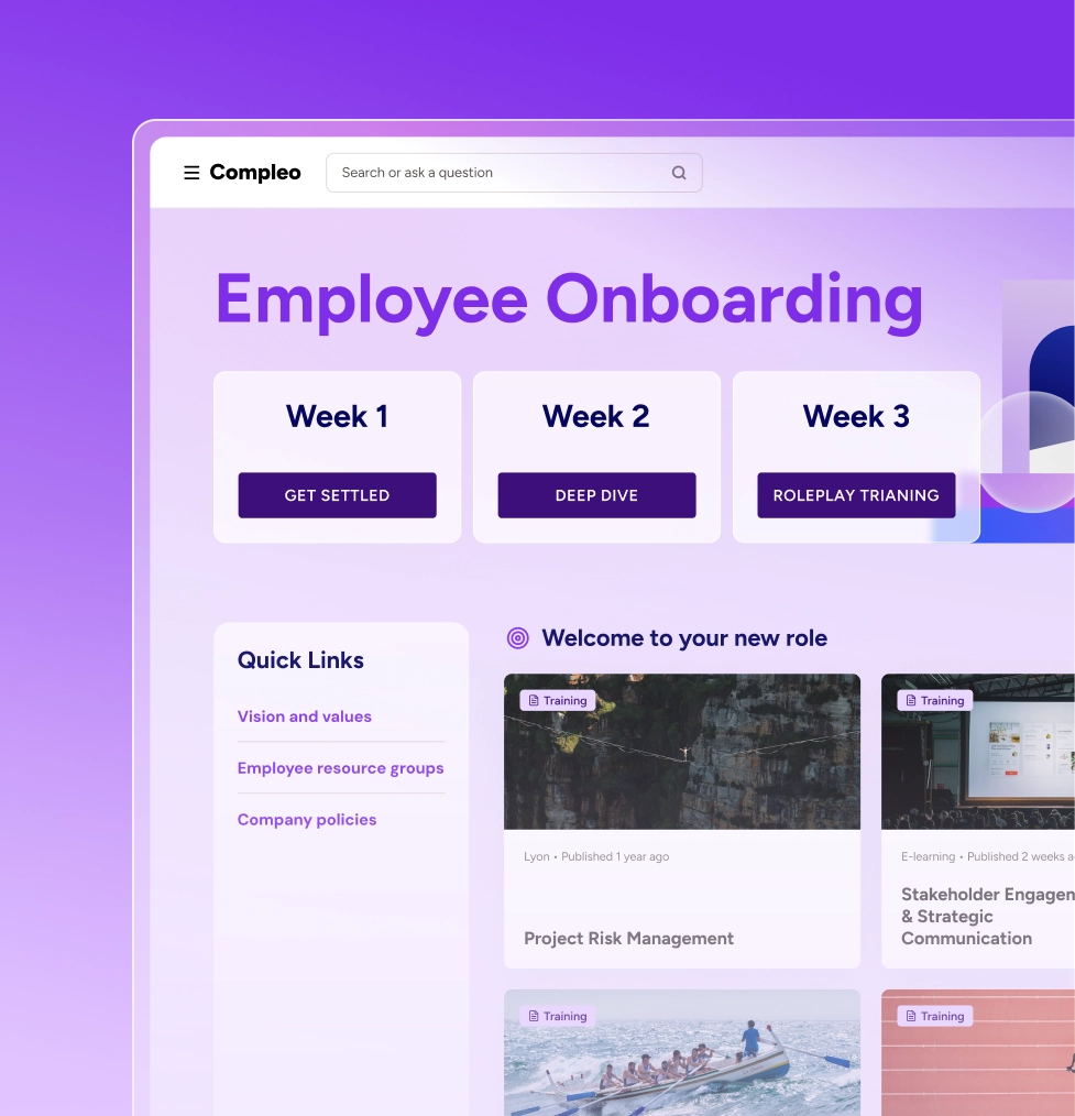 Docebo-Onboarding-Lernpfad, gegliedert in Wochenmodule