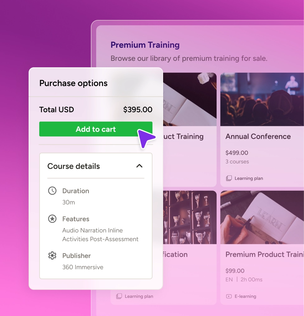 Docebo-Katalog für Premium-Training mit Kaufoptionen für einen kostenpflichtigen Kurs
