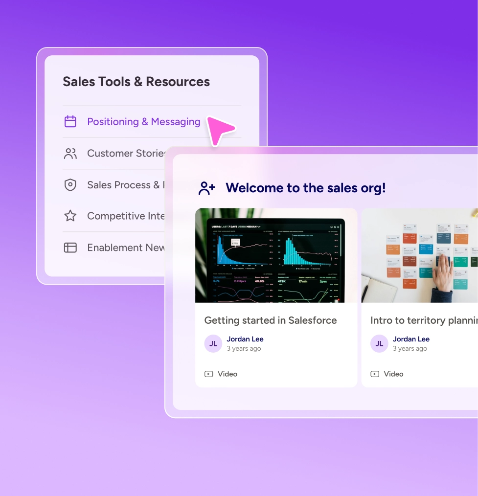 Docebo-Menü für Vertriebstools und Ressourcen neben einer Liste von Vertriebs-Onboarding-Kursen
