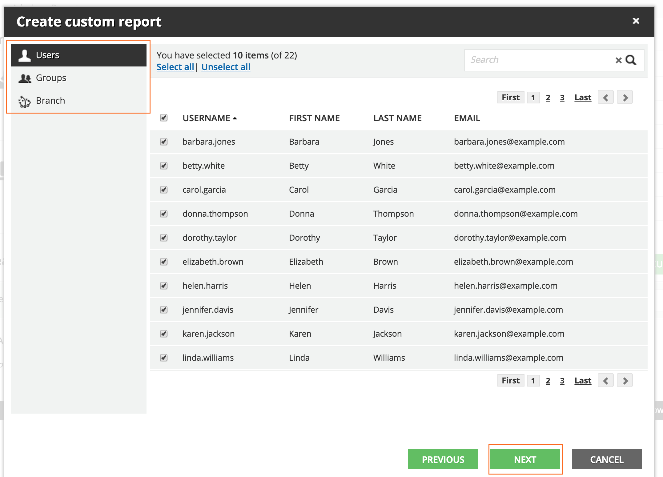 custom report Select users