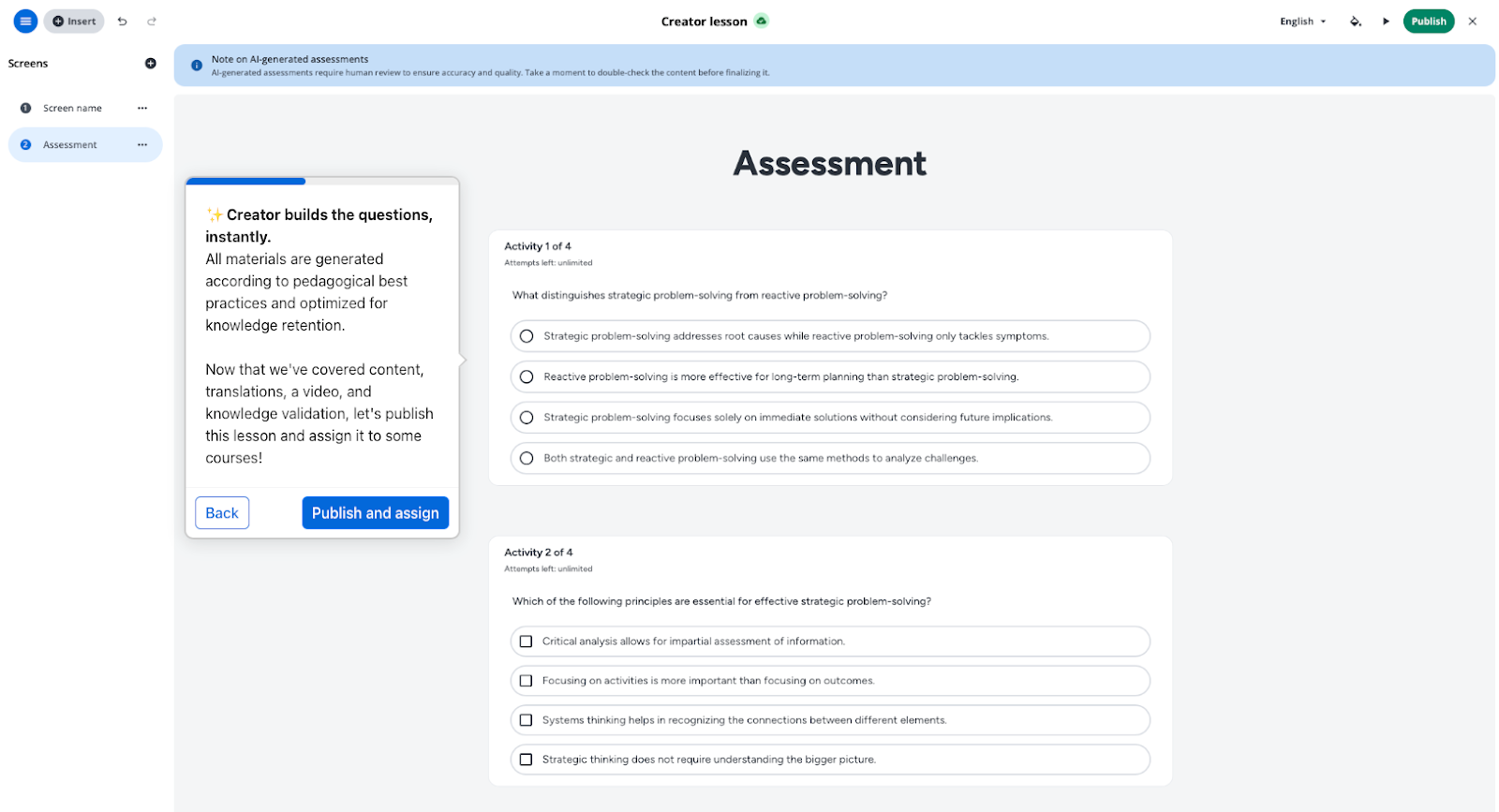 questions generation out of the course Docebo Creator platform