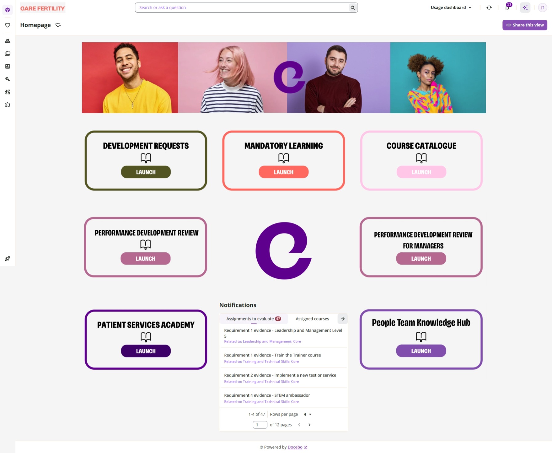 The Care Fertility custom LMS powered by Docebo, featuring various personalized modules for learning and development